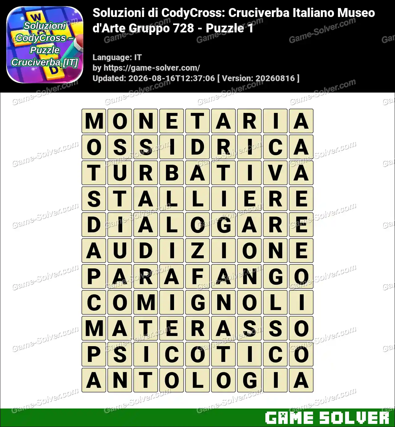 Soluzioni di CodyCross: Cruciverba Italiano Museo d’Arte Gruppo 728 – Puzzle 1